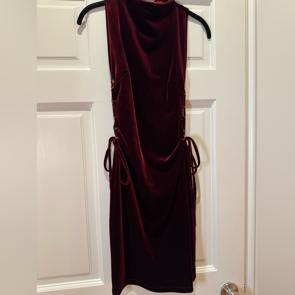 Deep Red Velvet Dress with Gold Side Ties - Picture 4 of 9